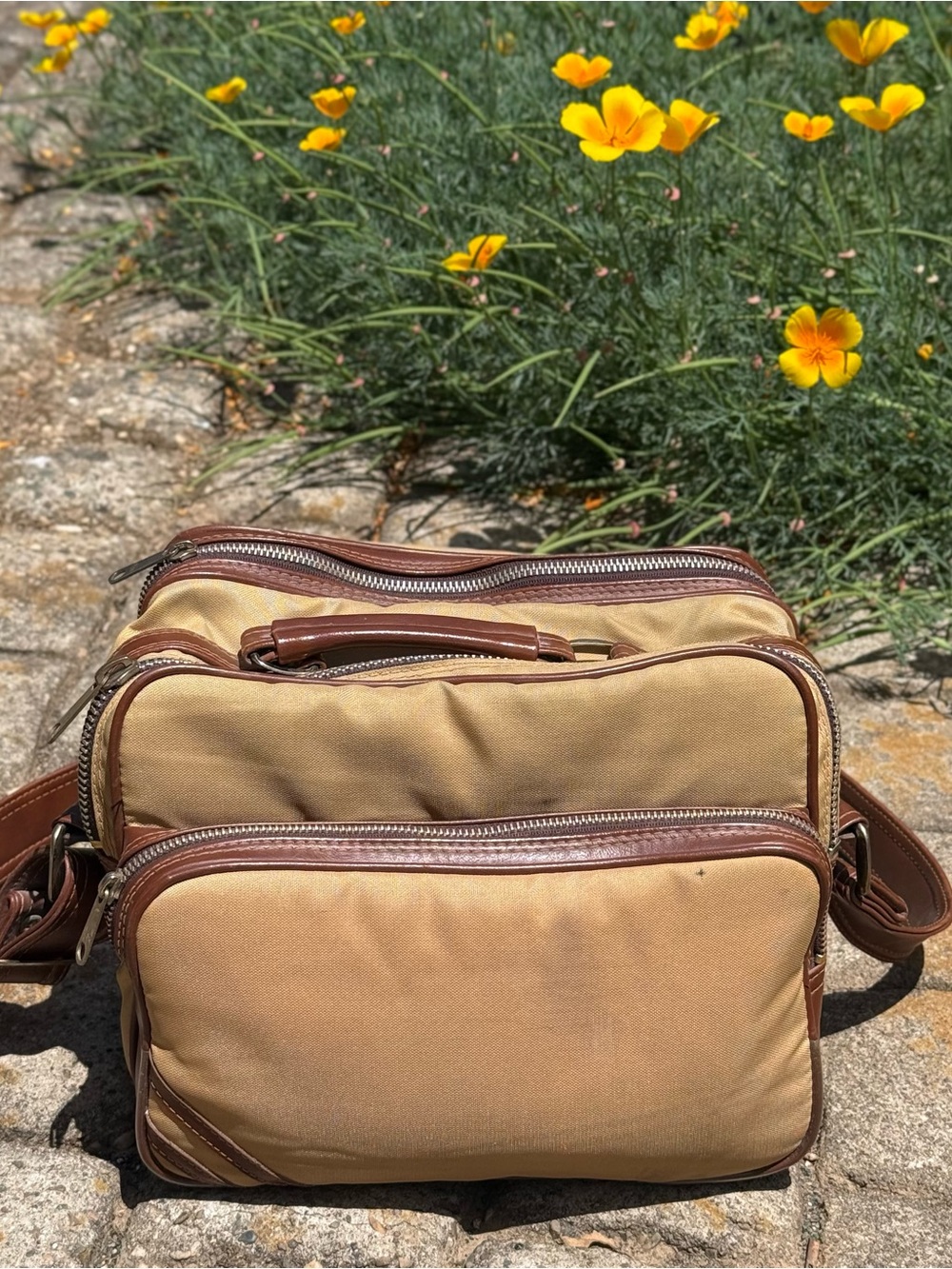 Canvas Travel Messenger Camera Bag, Tan and Brown, zippered, vintage retro